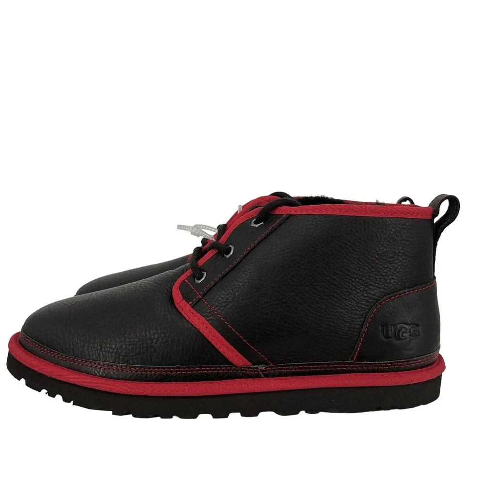 UGG Men's Neumel Leather Low Chukka Black Red Ankle Boot Size 11 Wool Blend NWOB